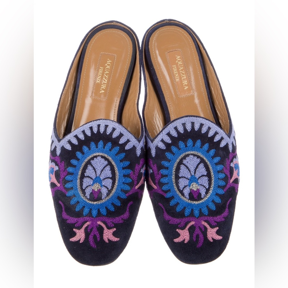 Aquazzura Women's embroidered mules, blue tones, size 6 (36)